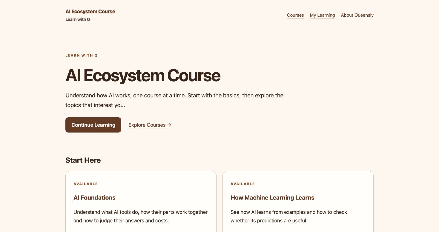 AI Ecosystem course homepage with its two available courses